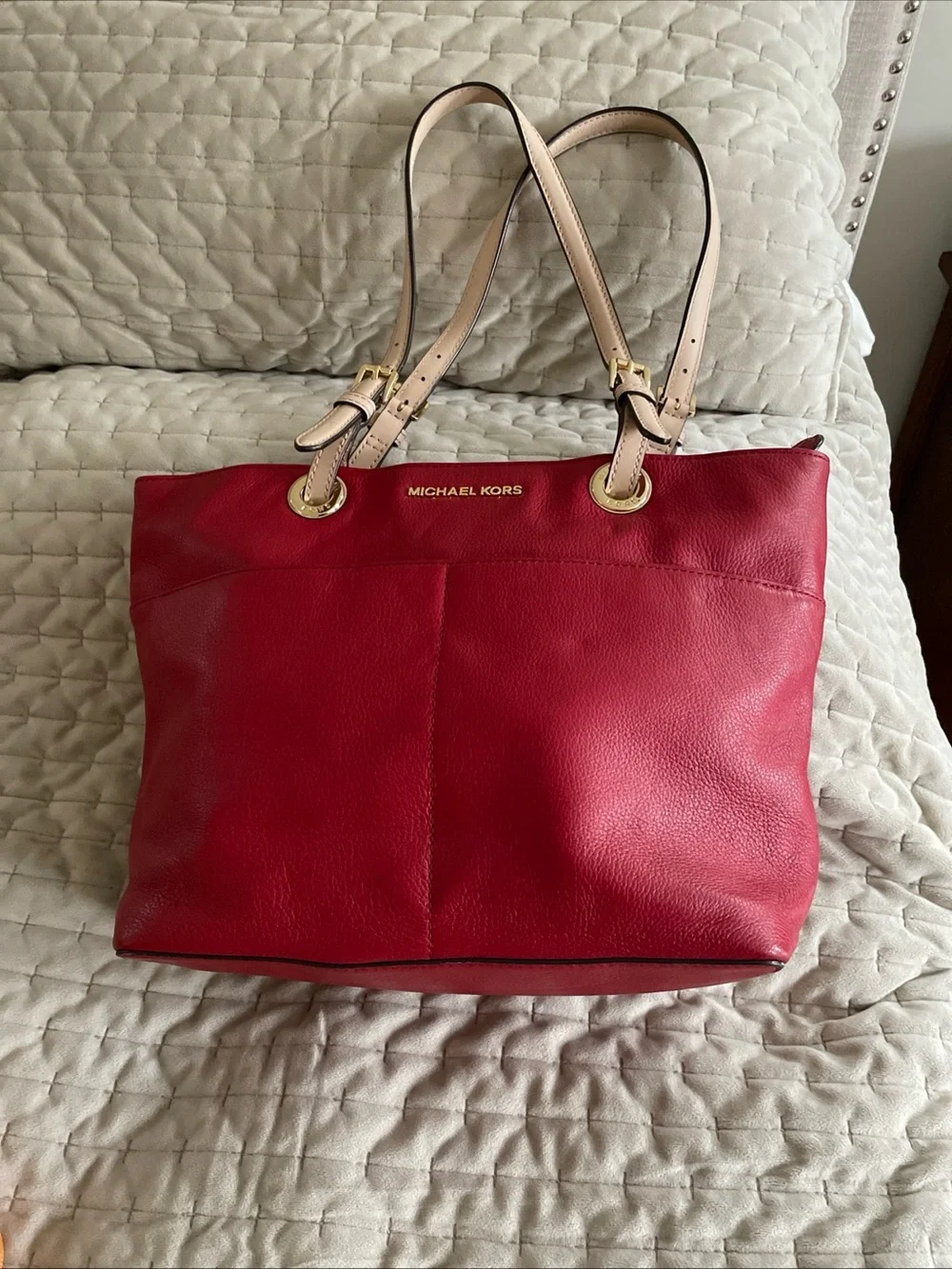 MICHAEL KORS Red Leather Tote with Beige Handles